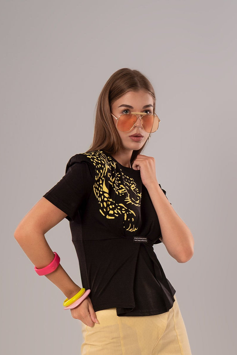 Tiger-Print Cotton Black Top