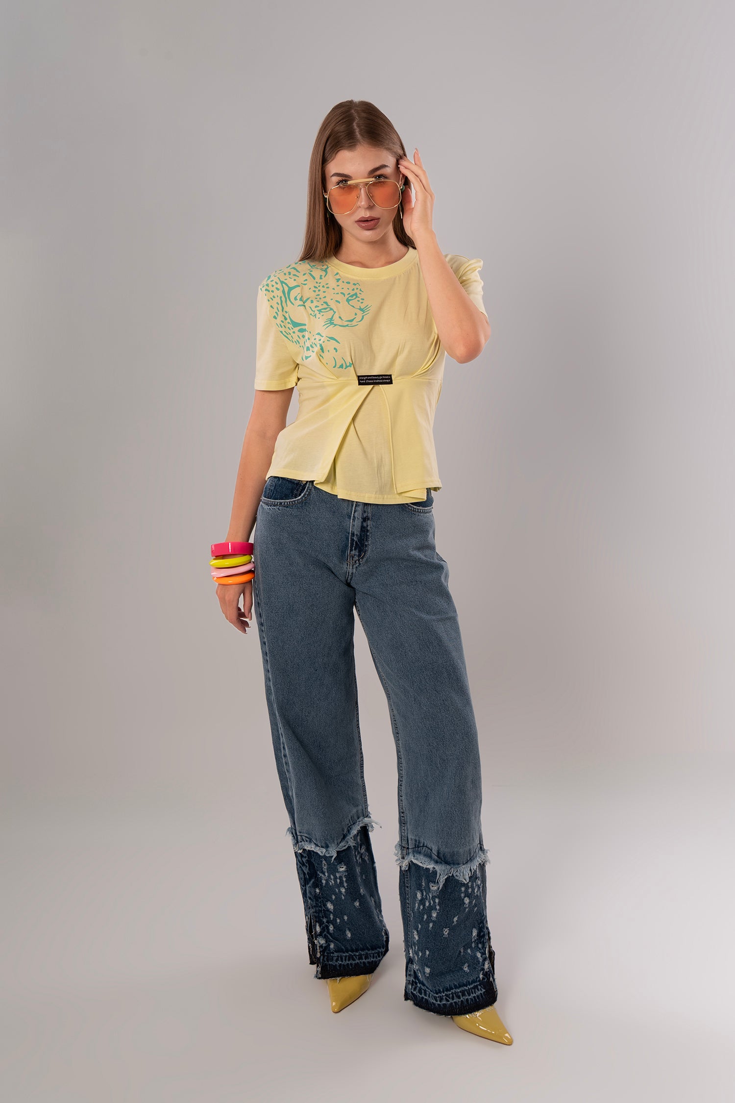 Tiger-Print Cotton Yellow Top