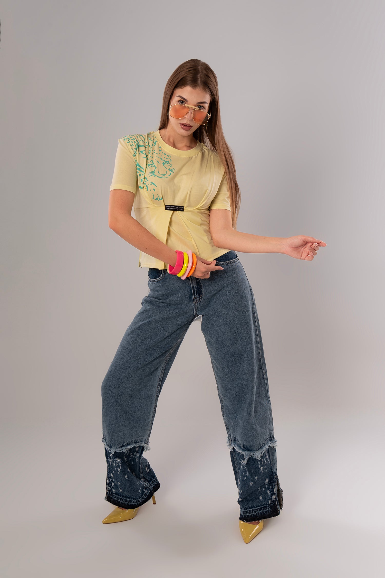 Tiger-Print Cotton Yellow Top