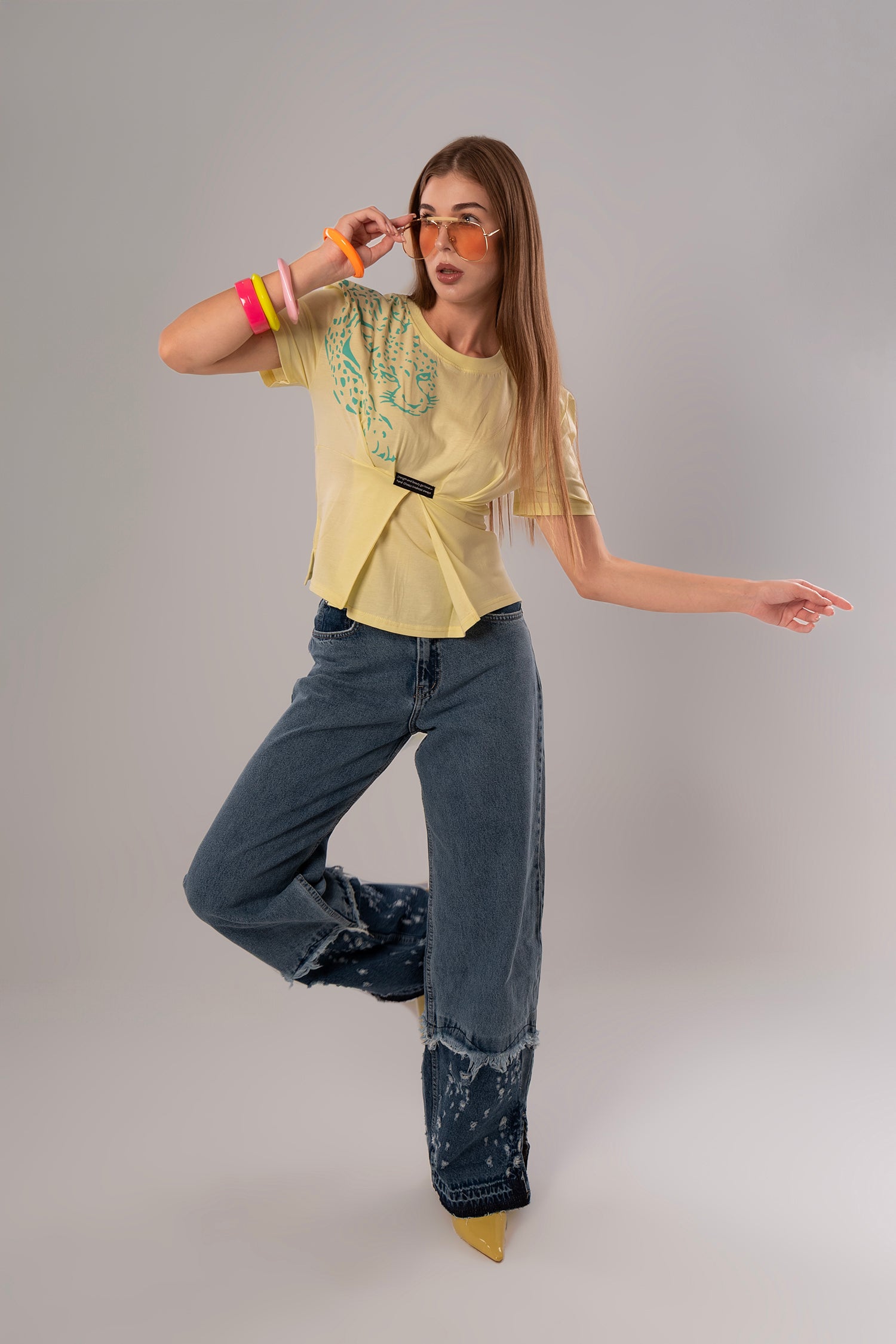 Tiger-Print Cotton Yellow Top