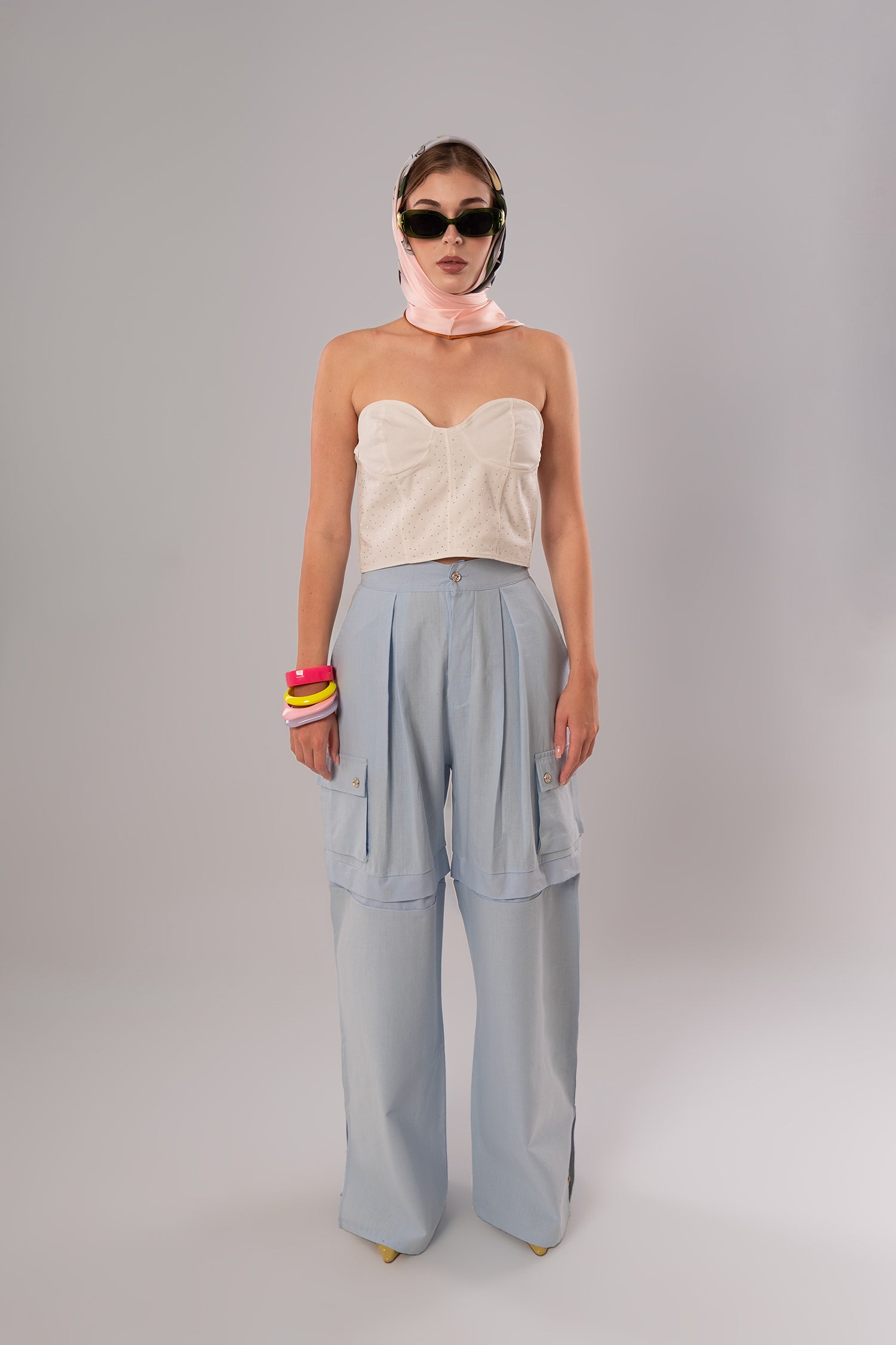 Two-Piece Set: Corset + Cotton White/Pink Top