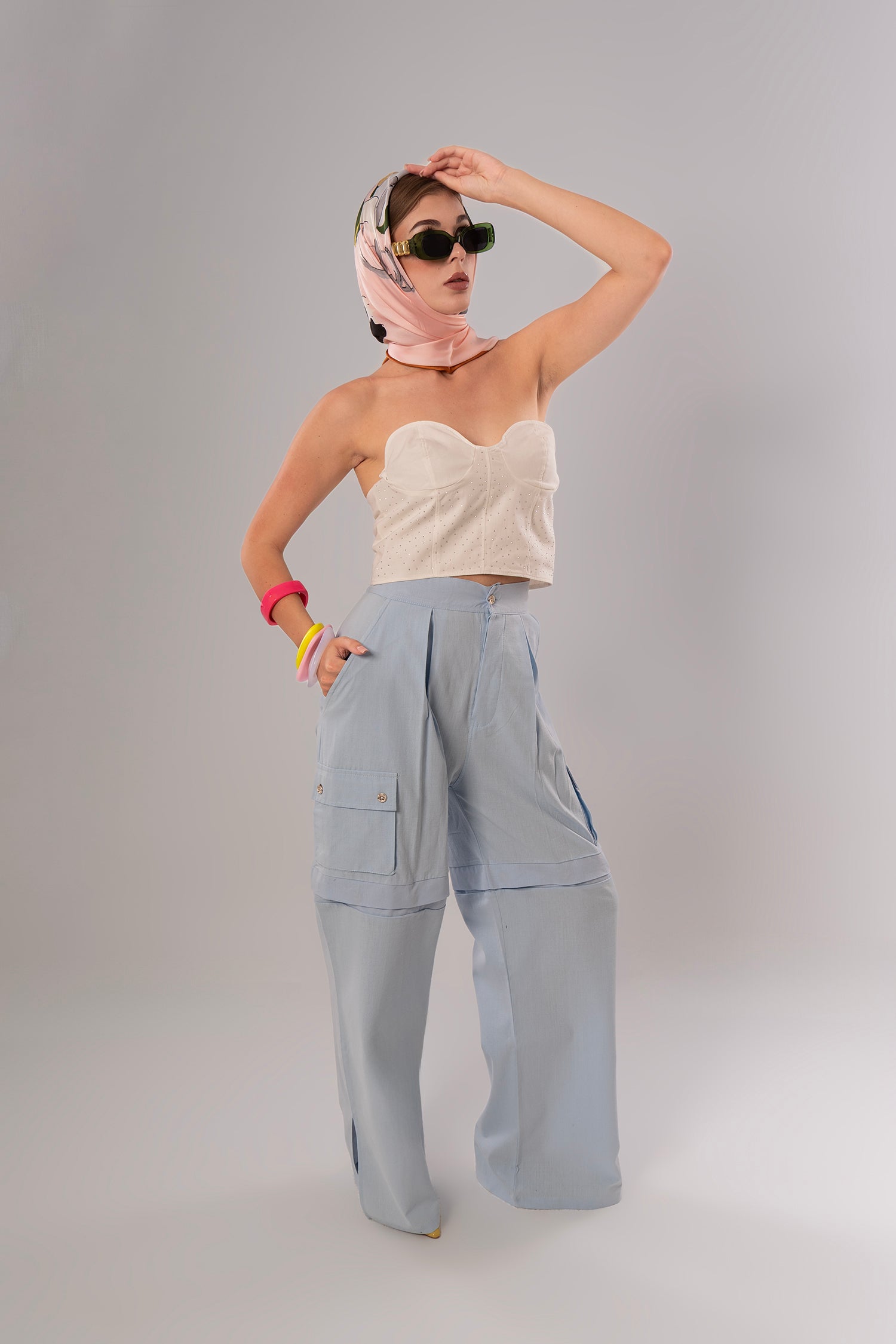 Two-Piece Set: Corset + Cotton White/Pink Top
