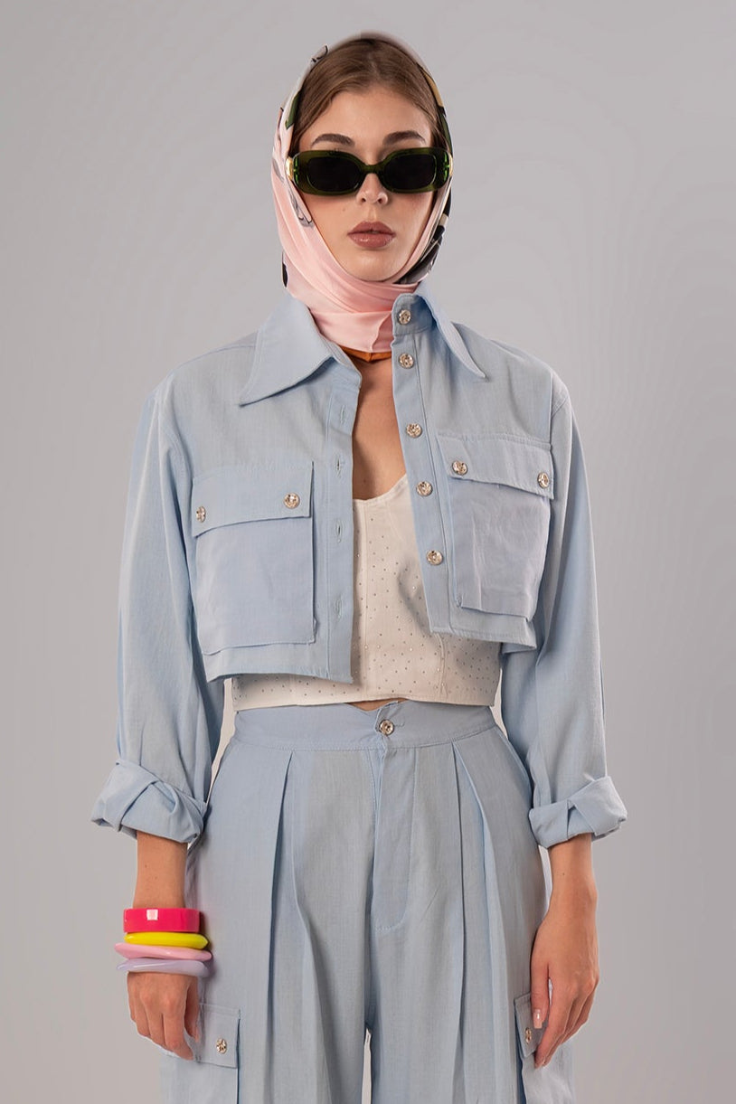 Short Linen Baby Blue Jacket