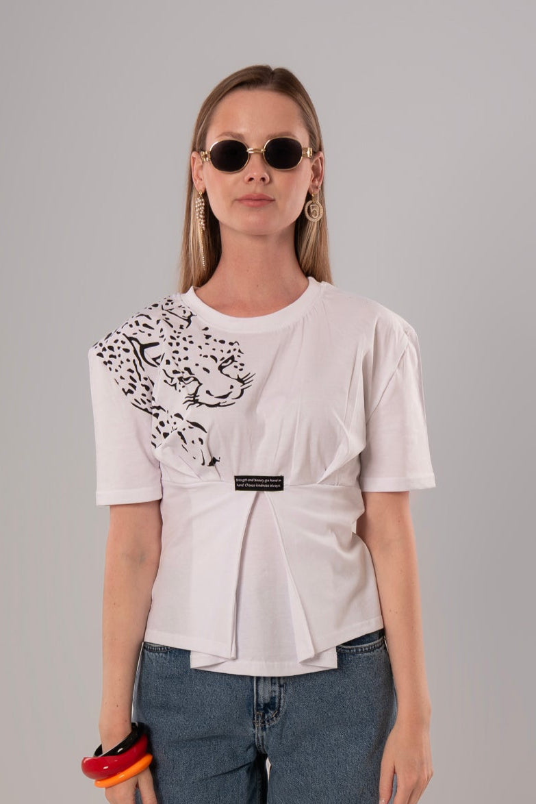 Tiger-Print Cotton White Top