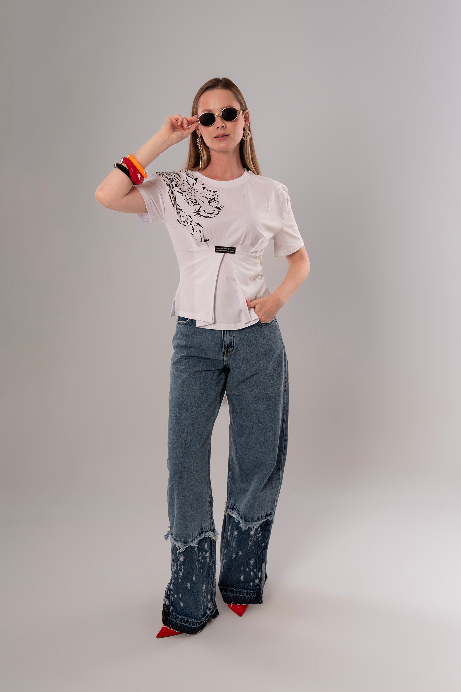 Tiger-Print Cotton White Top