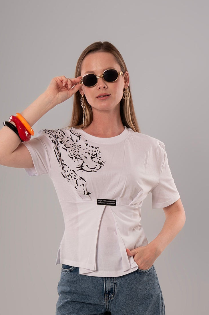 Tiger-Print Cotton White Top