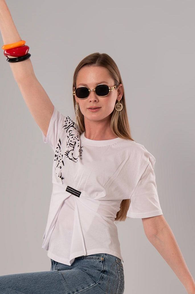 Tiger-Print Cotton White Top