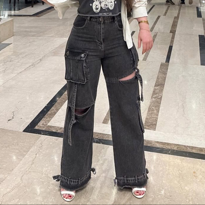 Black Denim Cargo Pants